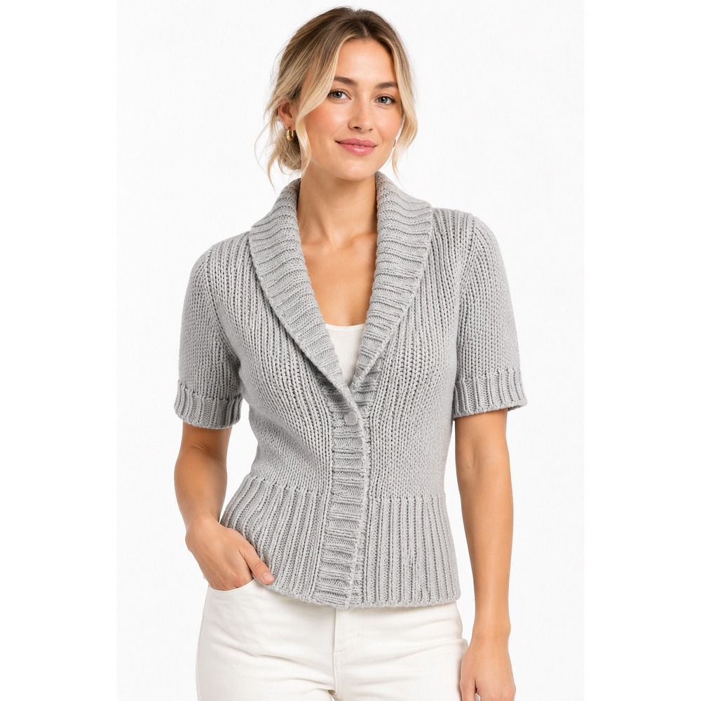 Theory Womens Gray Linen Cotton Knit Short Sleeve Shawl Collar Cardigan P/TP